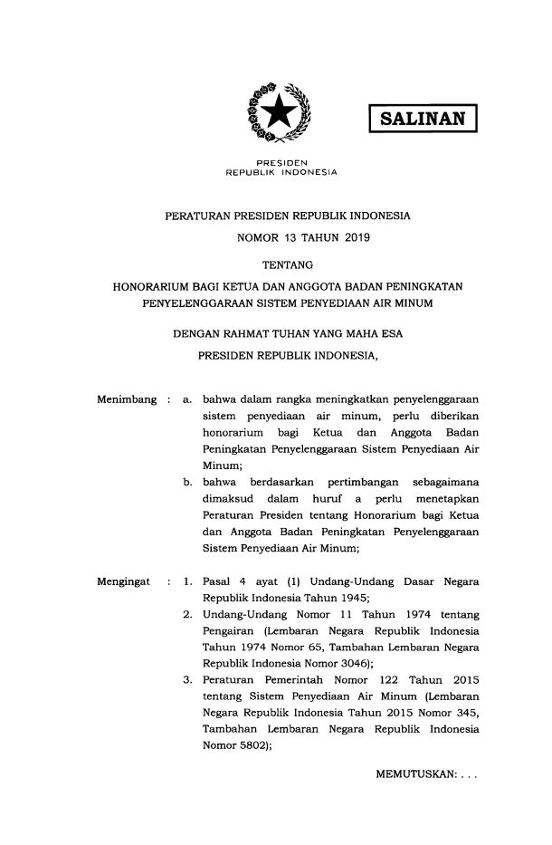 Peraturan Presiden Nomor 13 Tahun 2019