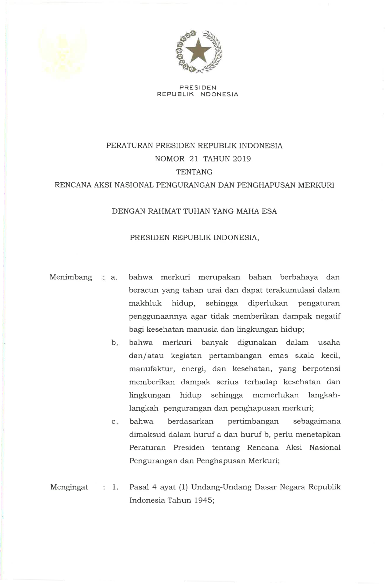 Peraturan Presiden Nomor 21 Tahun 2019
