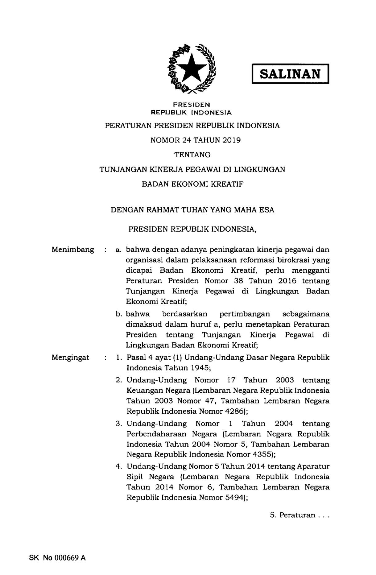 Peraturan Presiden Nomor 24 Tahun 2019