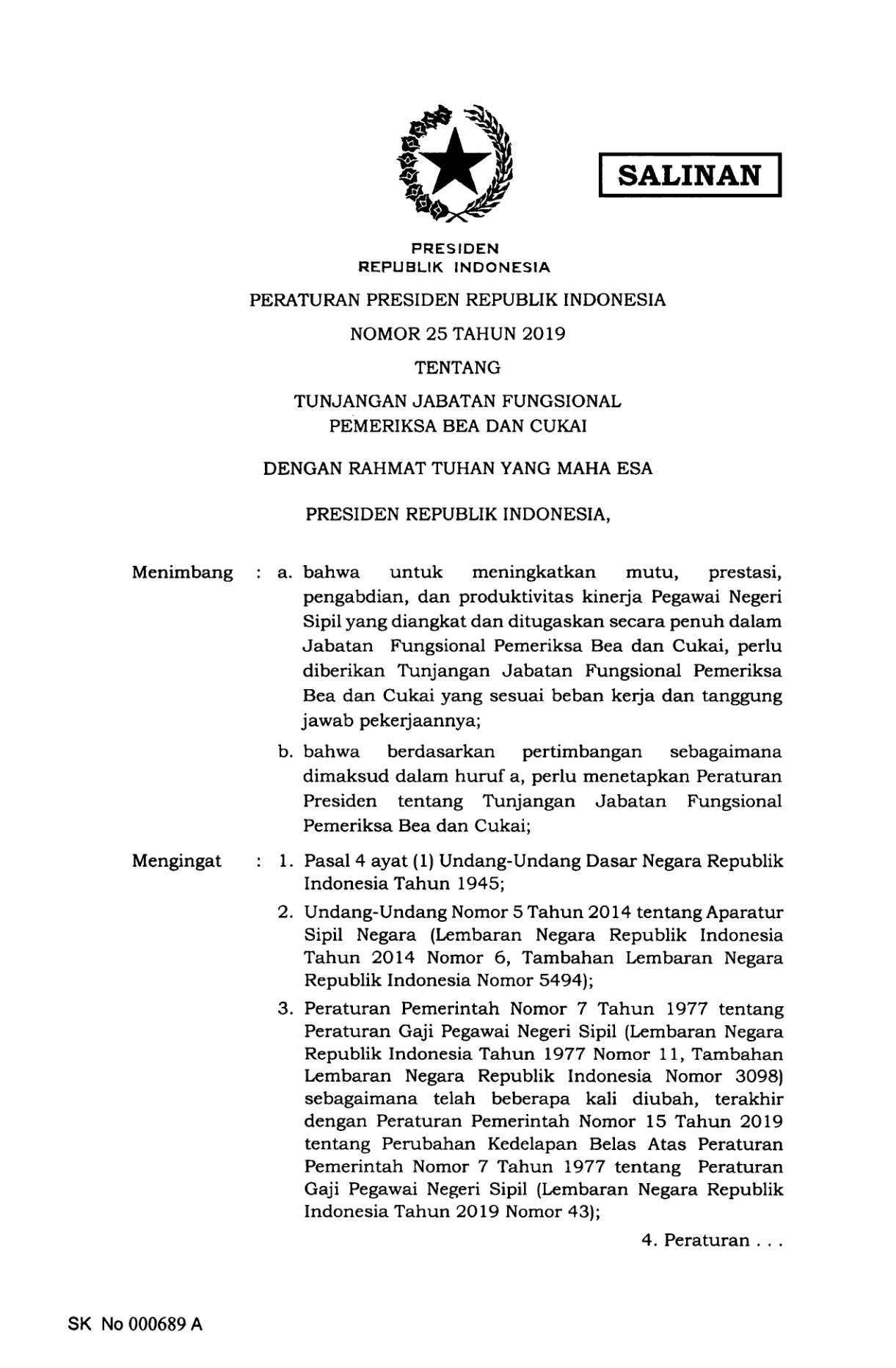 Peraturan Presiden Nomor 25 Tahun 2019