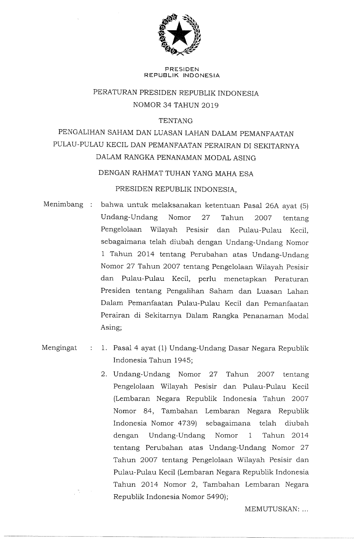 Peraturan Presiden Nomor 34 Tahun 2019