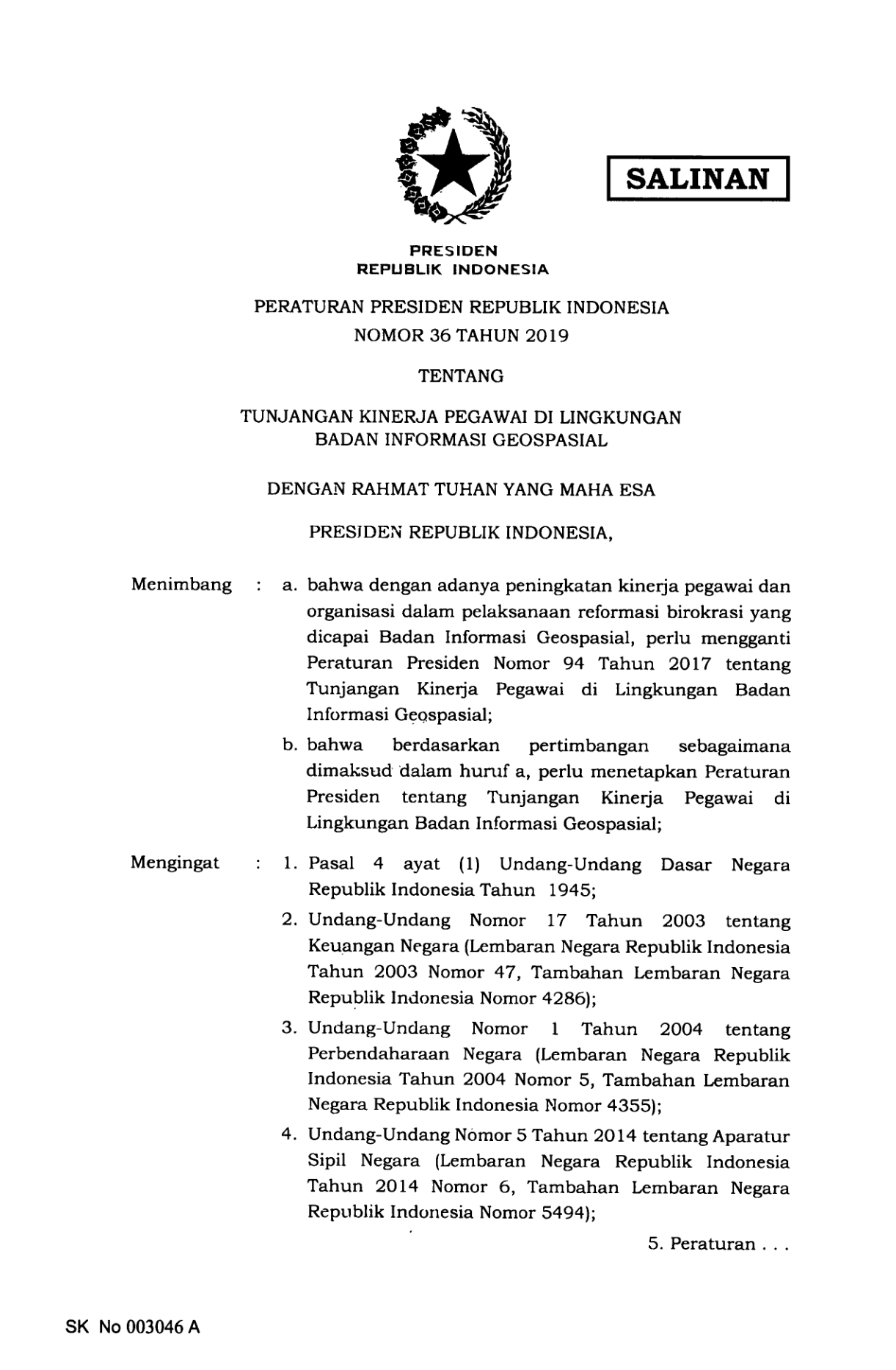 Peraturan Presiden Nomor 36 Tahun 2019