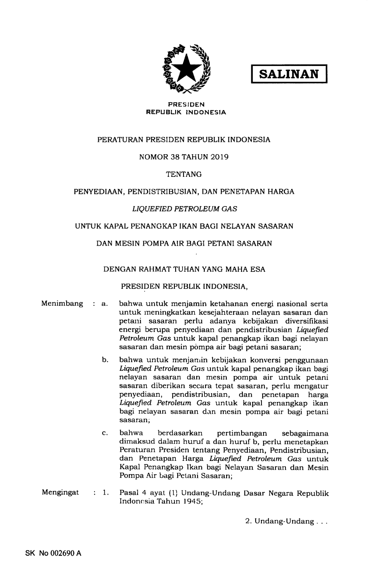 Peraturan Presiden Nomor 38 Tahun 2019