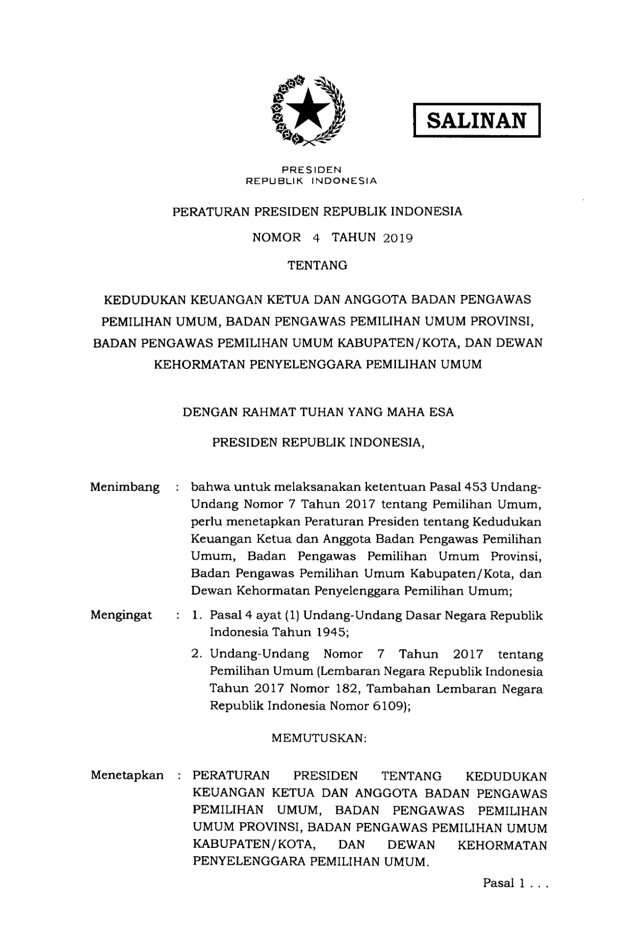 Peraturan Presiden Nomor 4 Tahun 2019