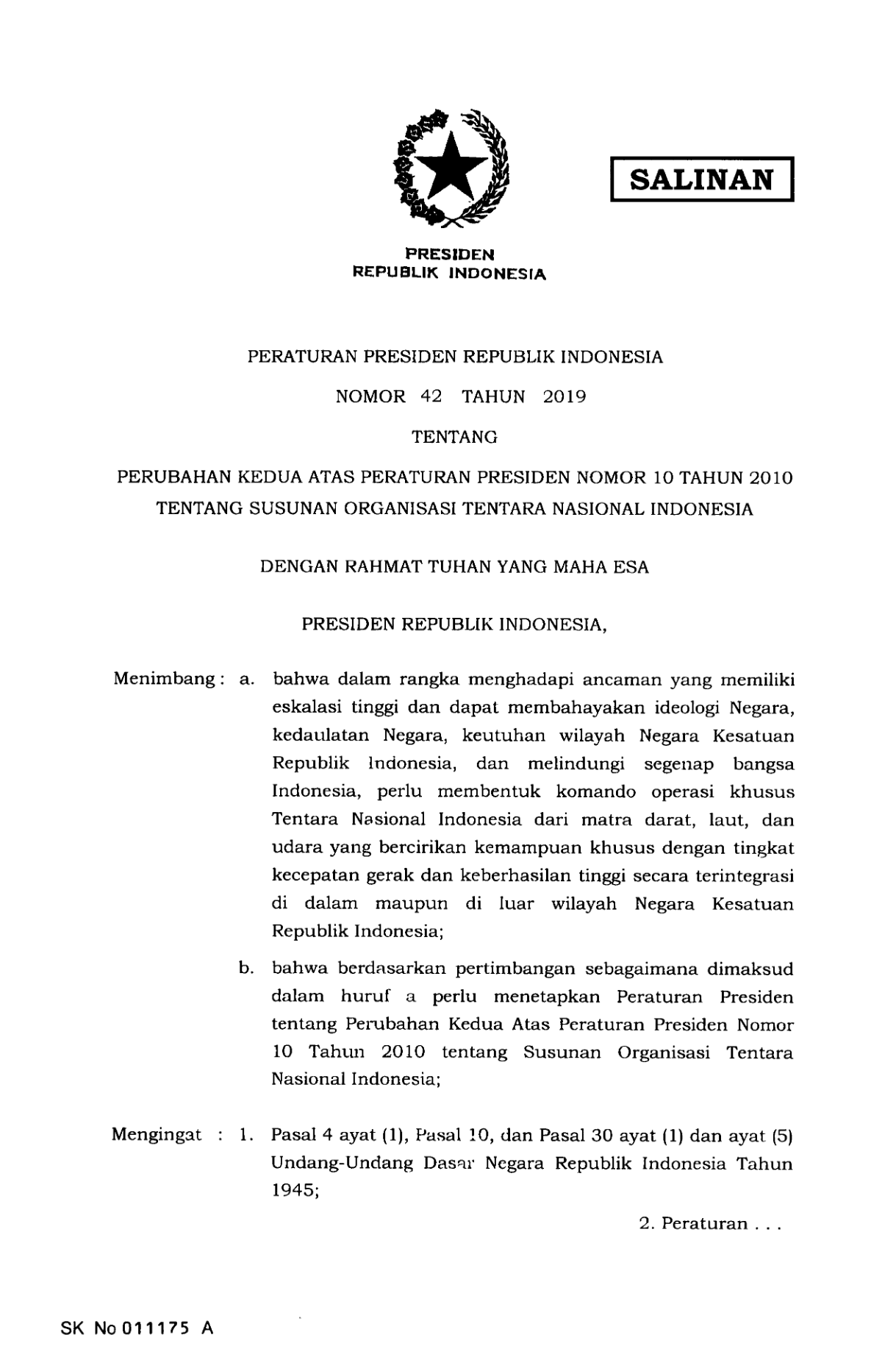 Peraturan Presiden Nomor 42 Tahun 2019