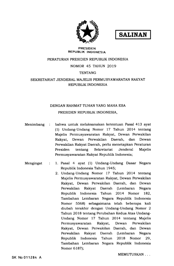 Peraturan Presiden Nomor 45 Tahun 2019