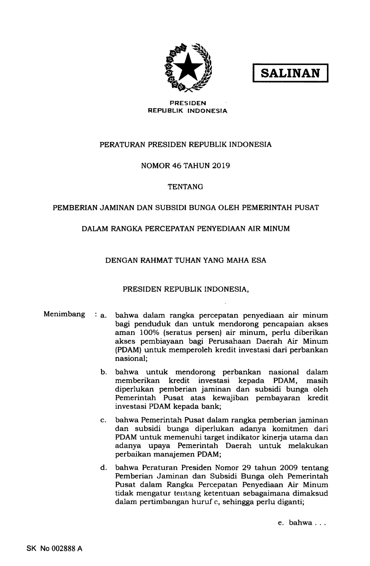 Peraturan Presiden Nomor 46 Tahun 2019