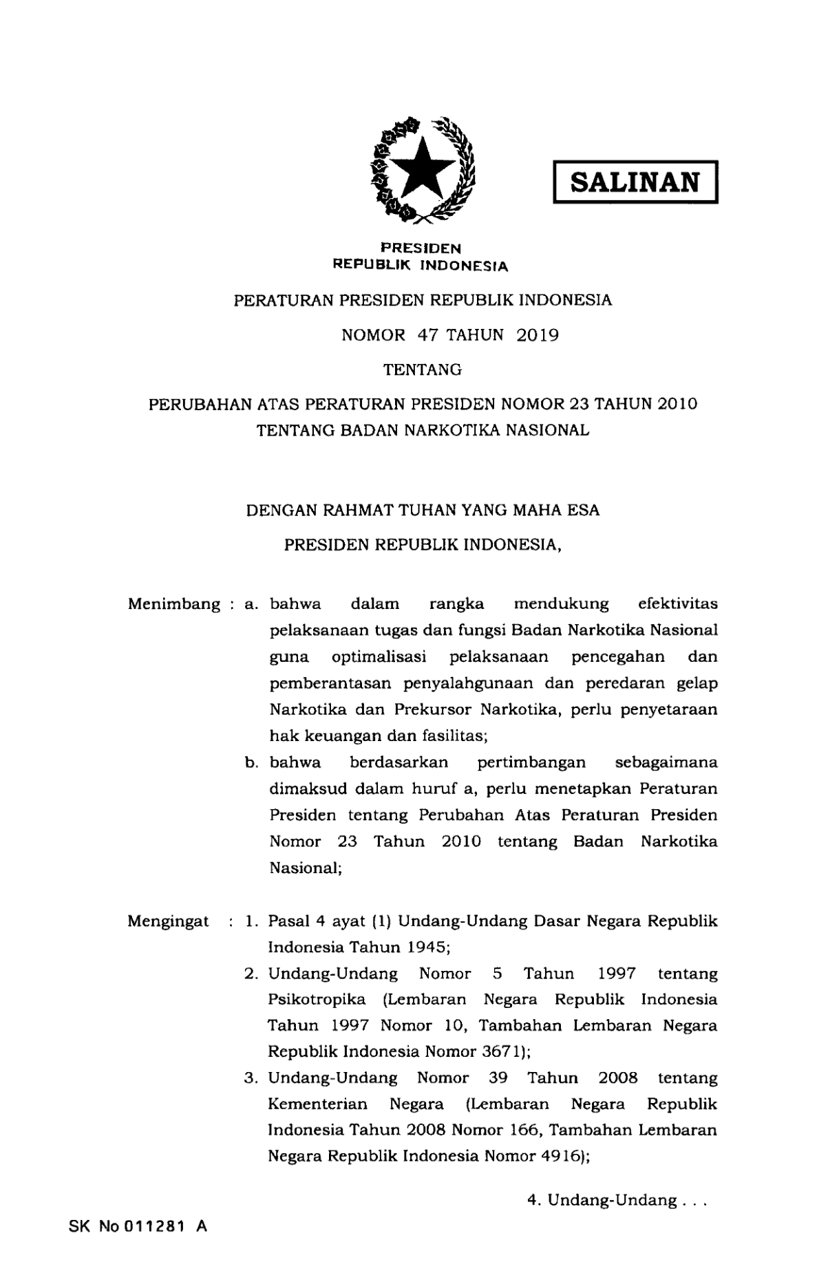 Peraturan Presiden Nomor 47 Tahun 2019