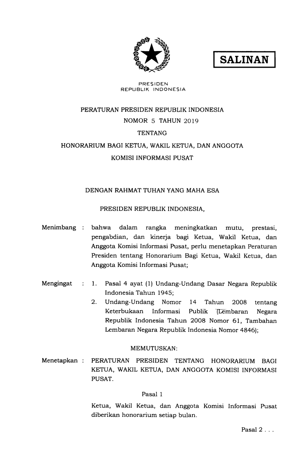Peraturan Presiden Nomor 5 Tahun 2019