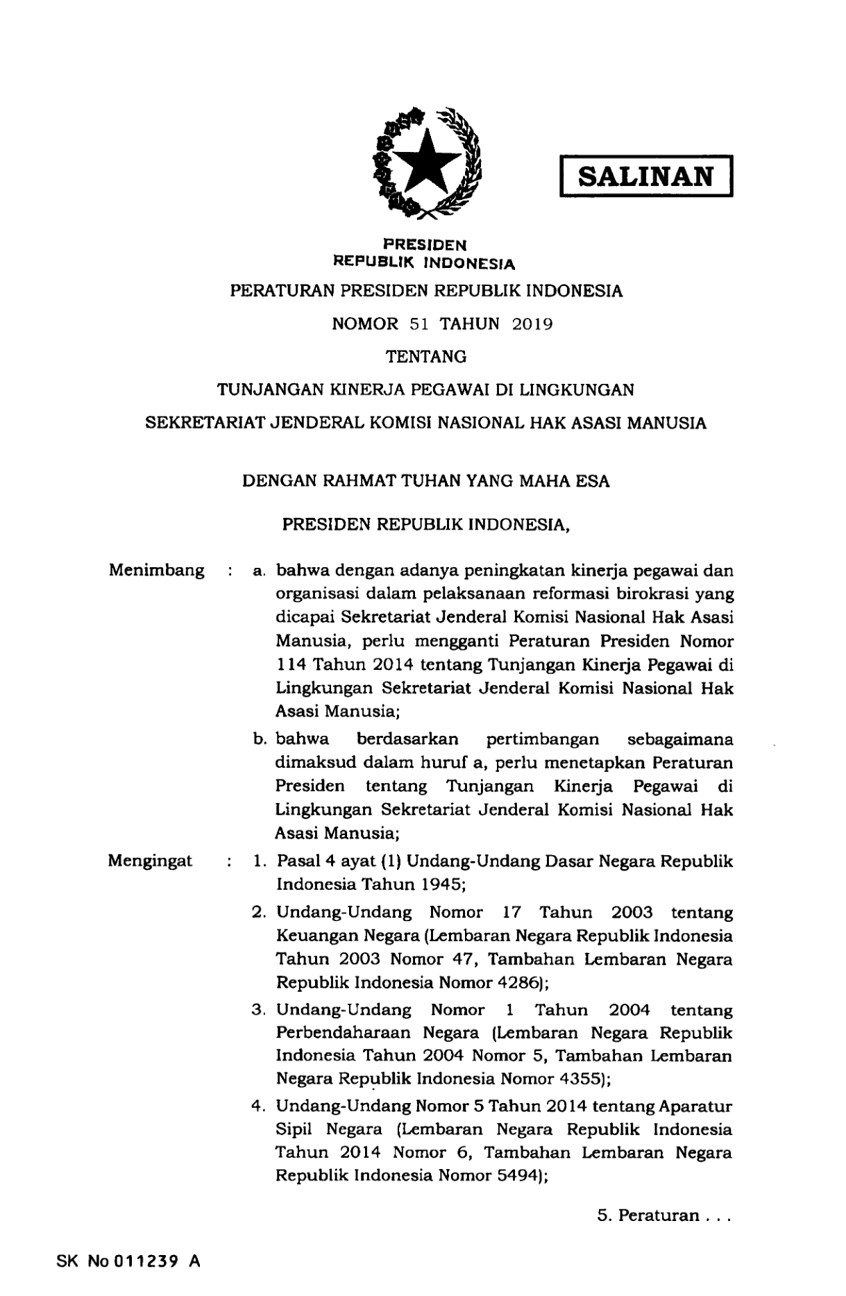 Peraturan Presiden Nomor 51 Tahun 2019