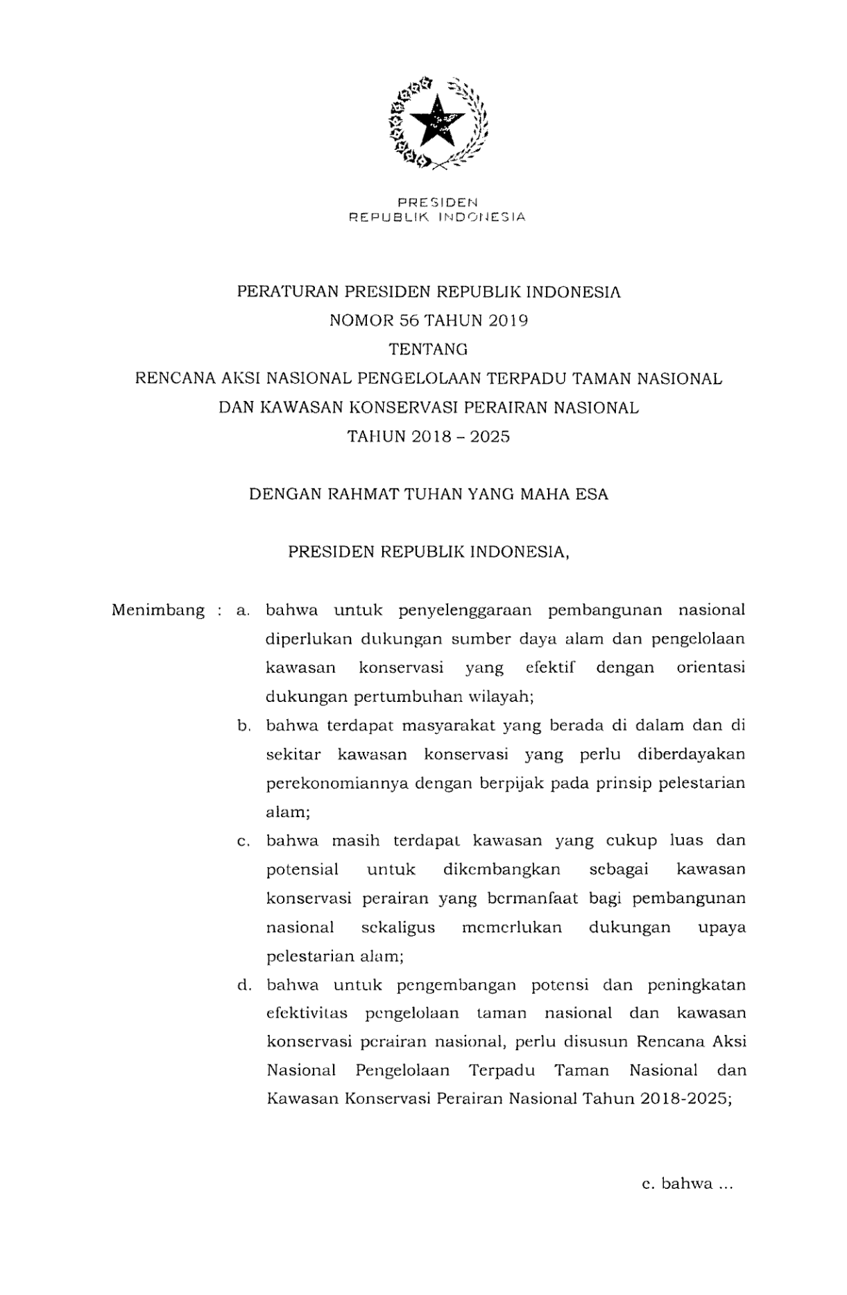 Peraturan Presiden Nomor 56 Tahun 2019