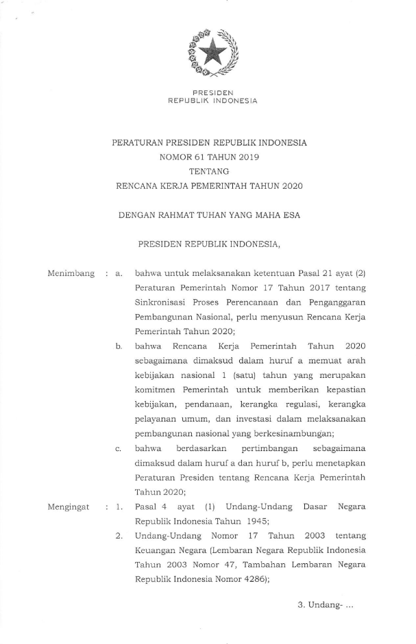 Peraturan Presiden Nomor 61 Tahun 2019