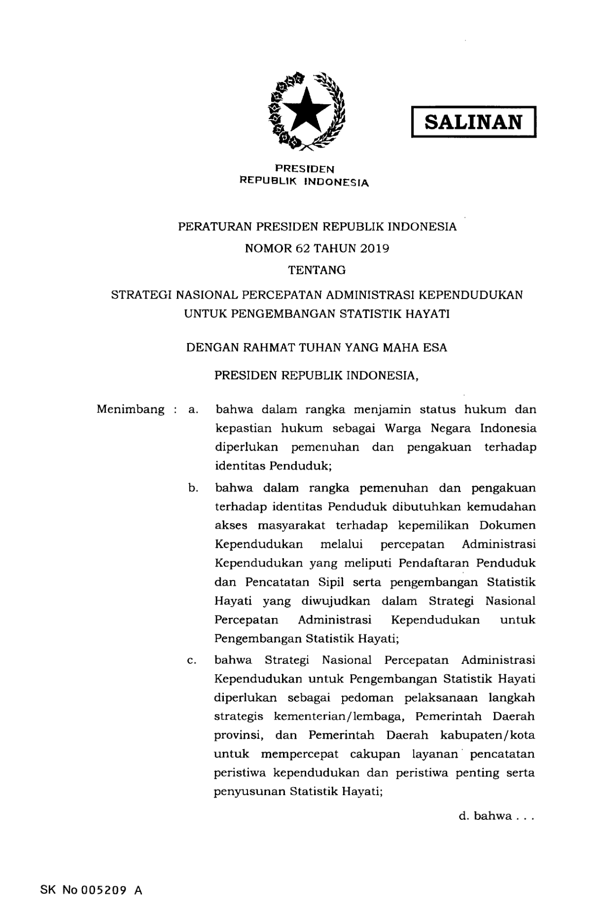 Peraturan Presiden Nomor 62 Tahun 2019