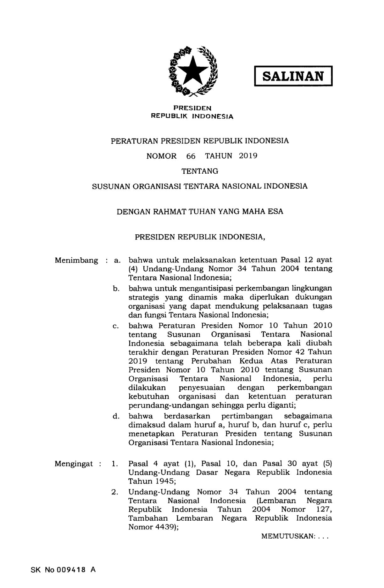 Peraturan Presiden Nomor 66 Tahun 2019