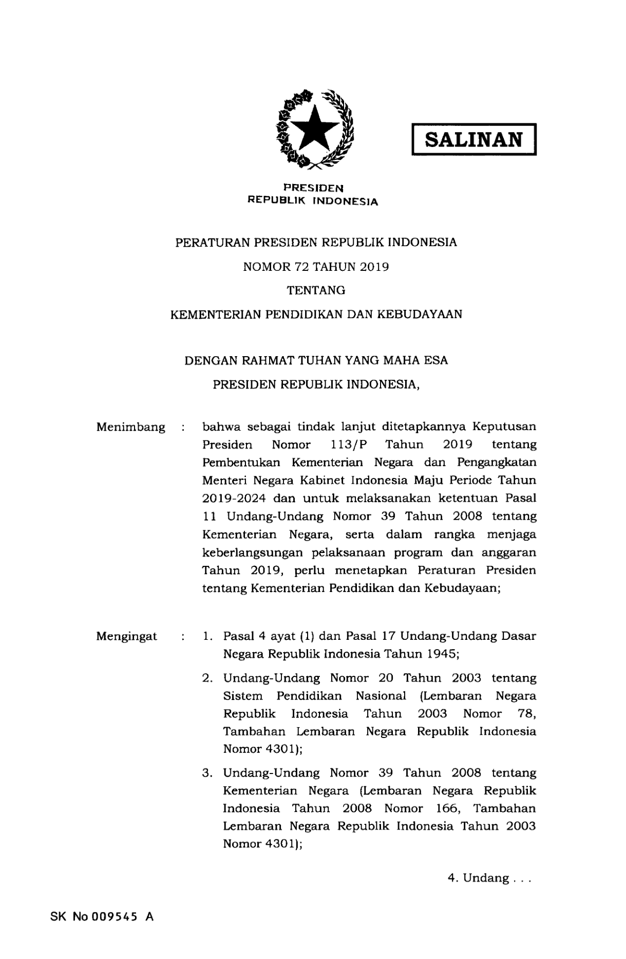 Peraturan Presiden Nomor 72 Tahun 2019