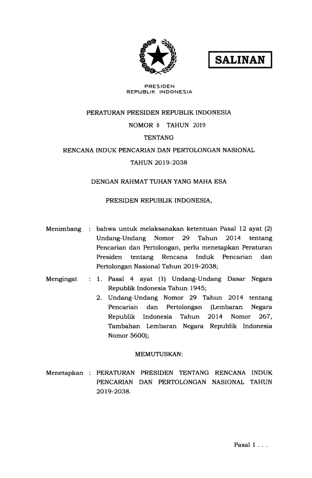 Peraturan Presiden Nomor 8 Tahun 2019