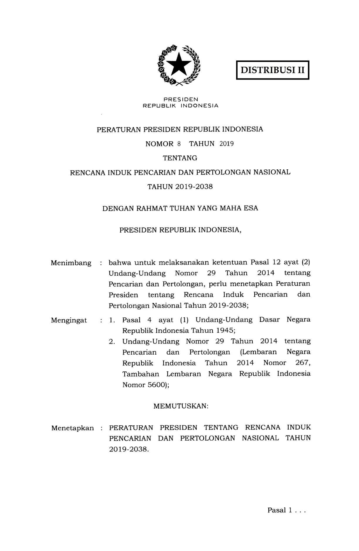 Peraturan Presiden Nomor 8 Tahun 2019