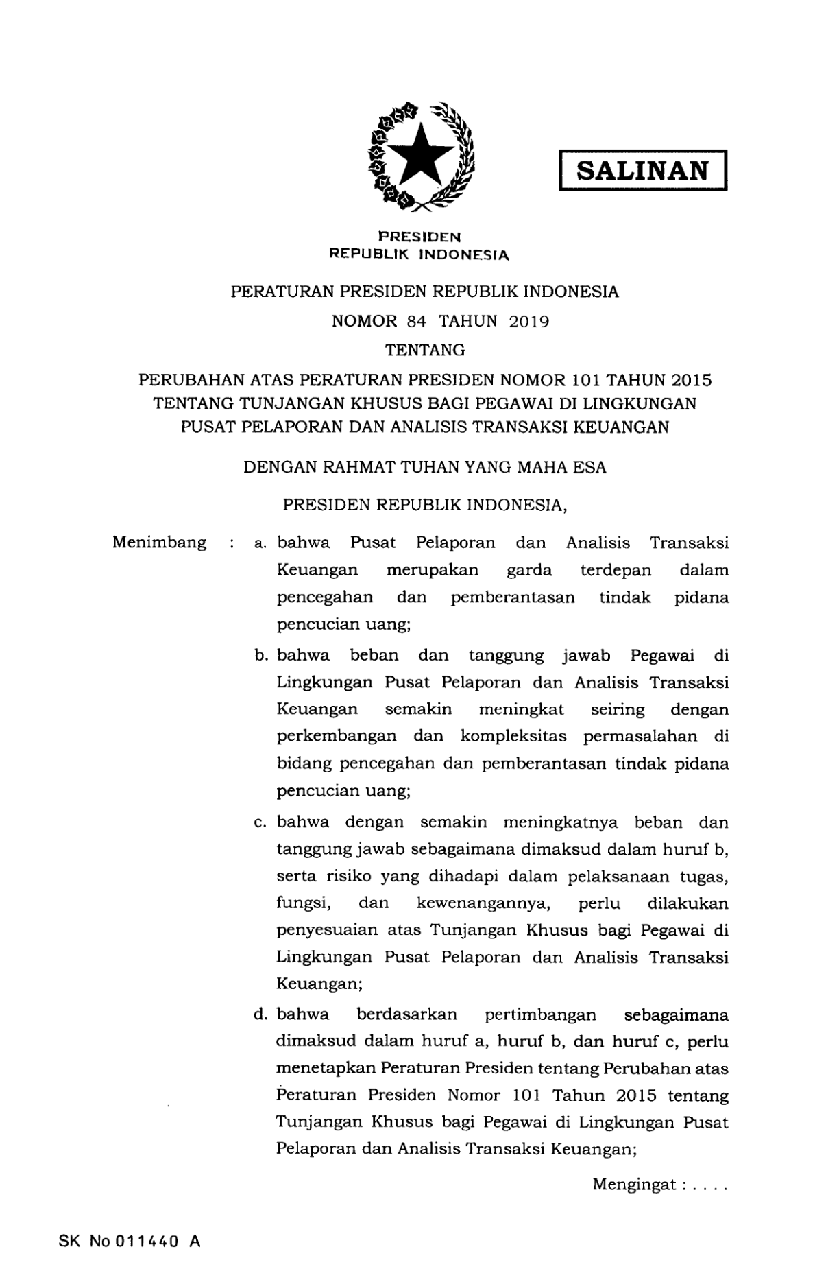 Peraturan Presiden Nomor 84 Tahun 2019