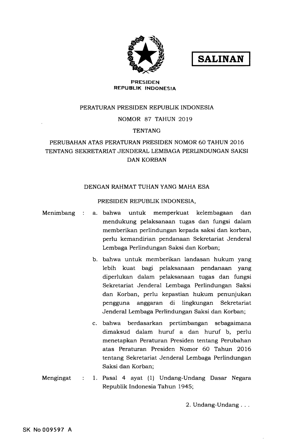 Peraturan Presiden Nomor 87 Tahun 2019