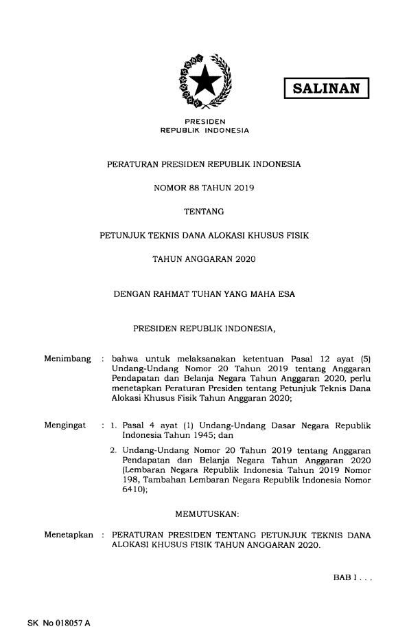 Peraturan Presiden Nomor 88 Tahun 2019