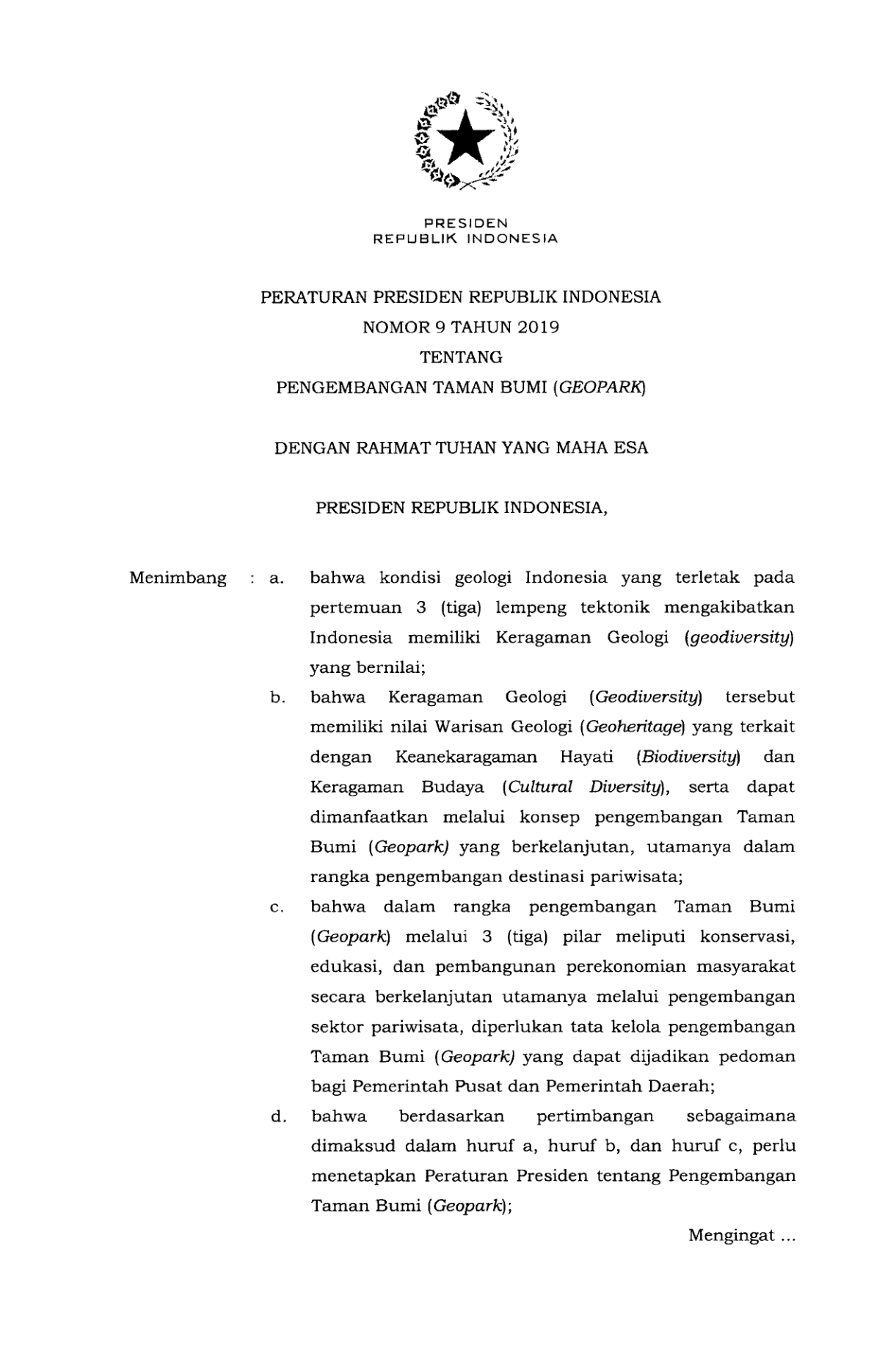 Peraturan Presiden Nomor 9 Tahun 2019