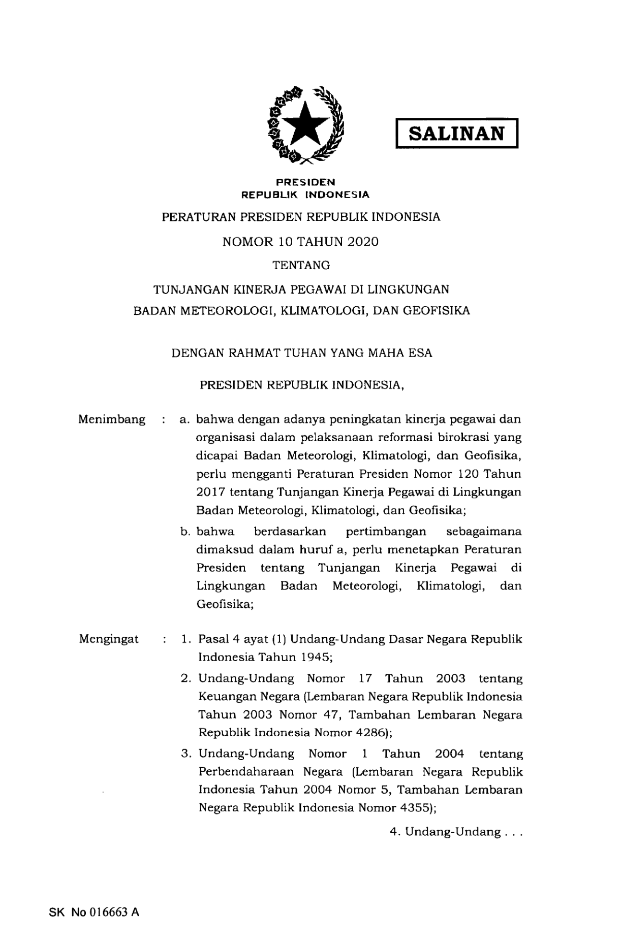 Peraturan Presiden Nomor 10 Tahun 2020