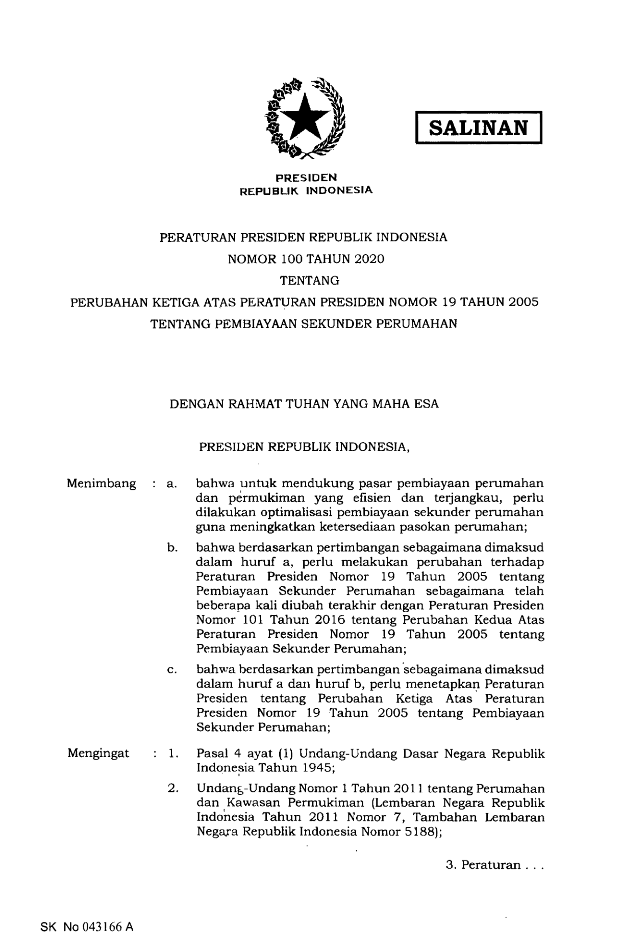 Peraturan Presiden Nomor 100 Tahun 2020