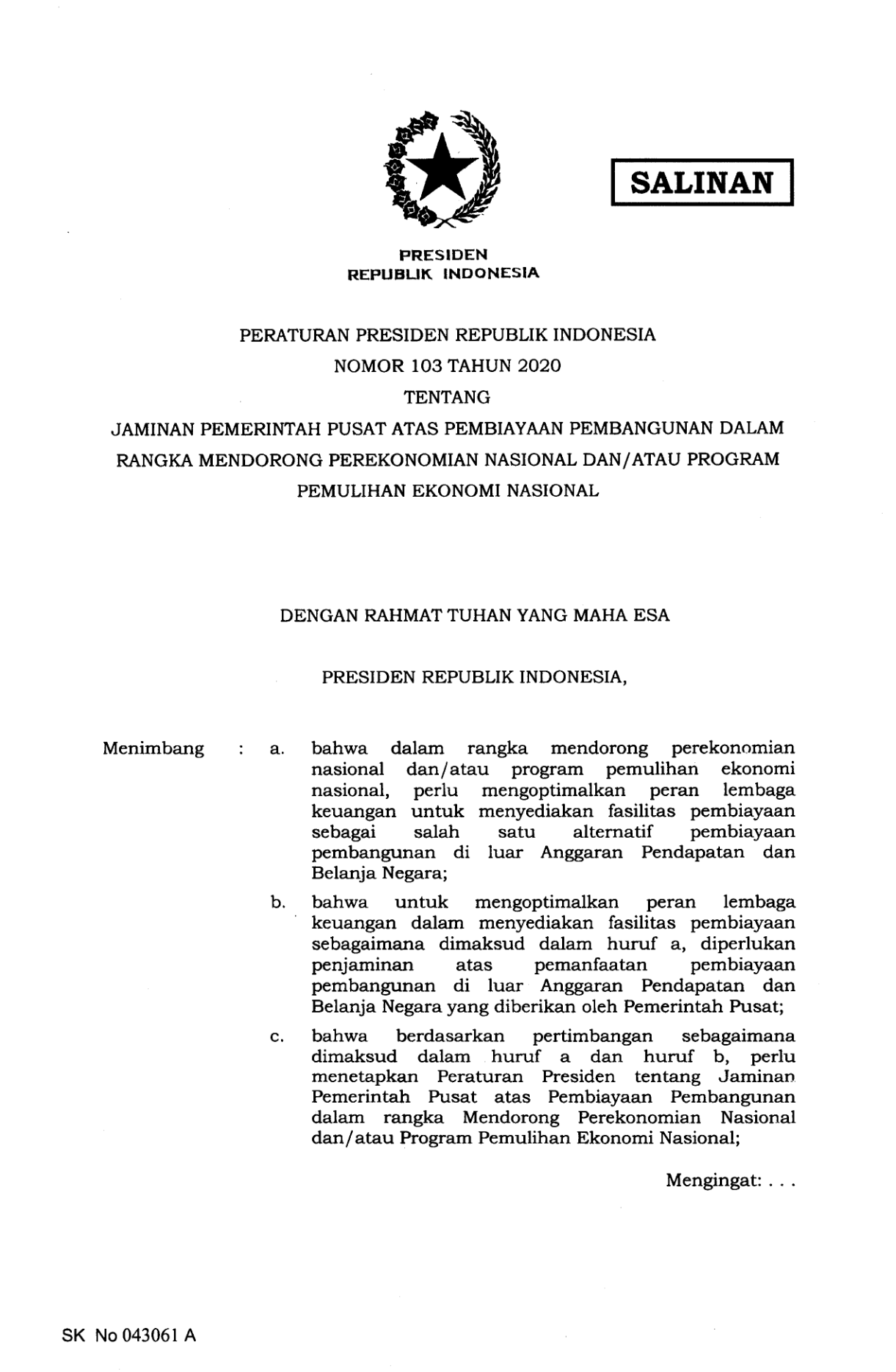 Peraturan Presiden Nomor 103 Tahun 2020
