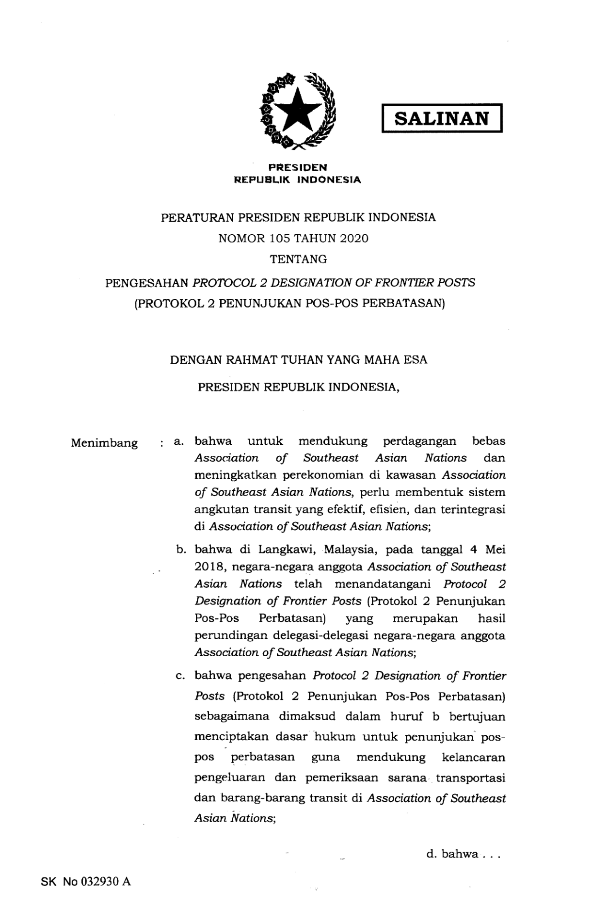 Peraturan Presiden Nomor 105 Tahun 2020