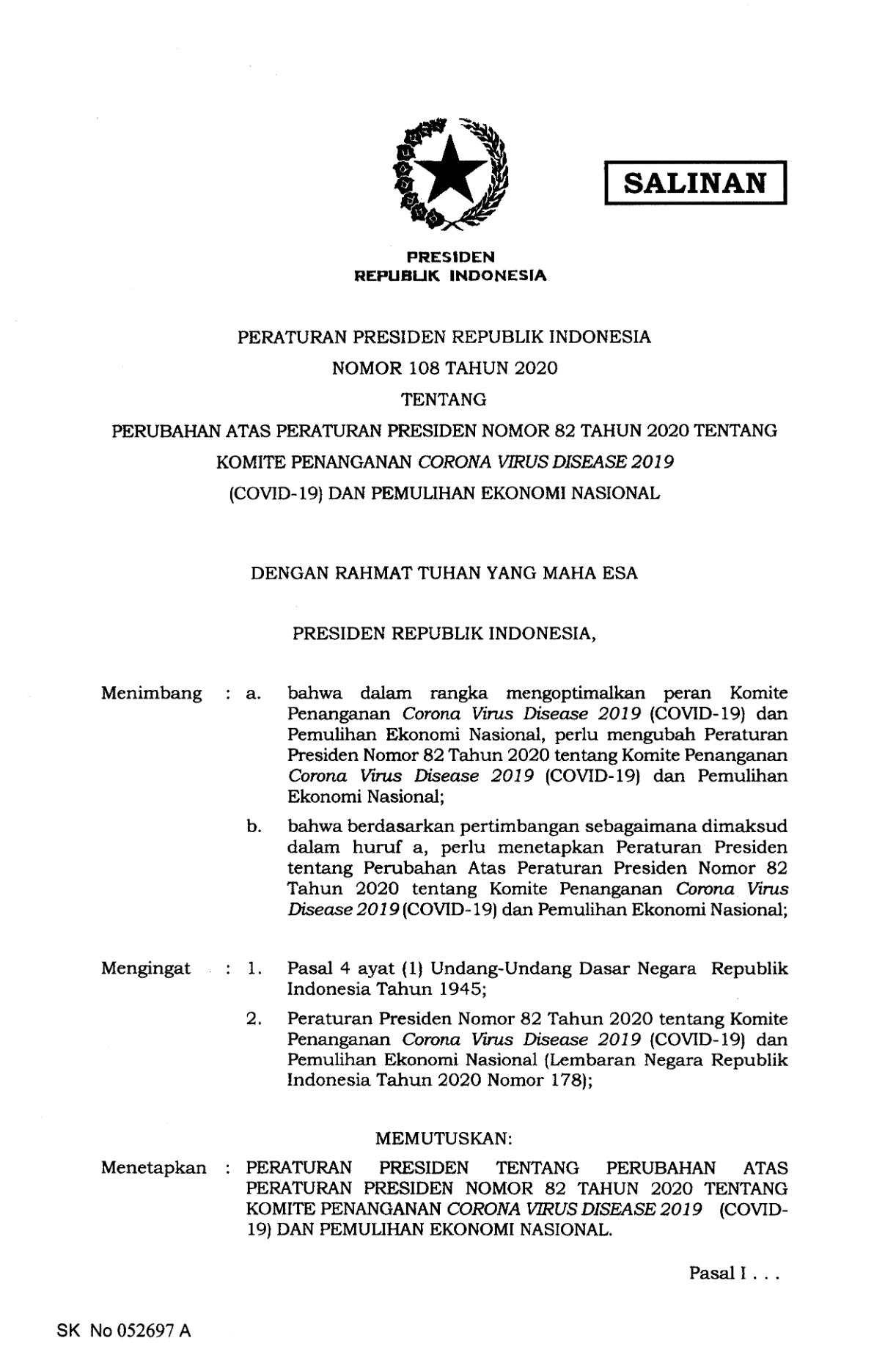 Peraturan Presiden Nomor 108 Tahun 2020