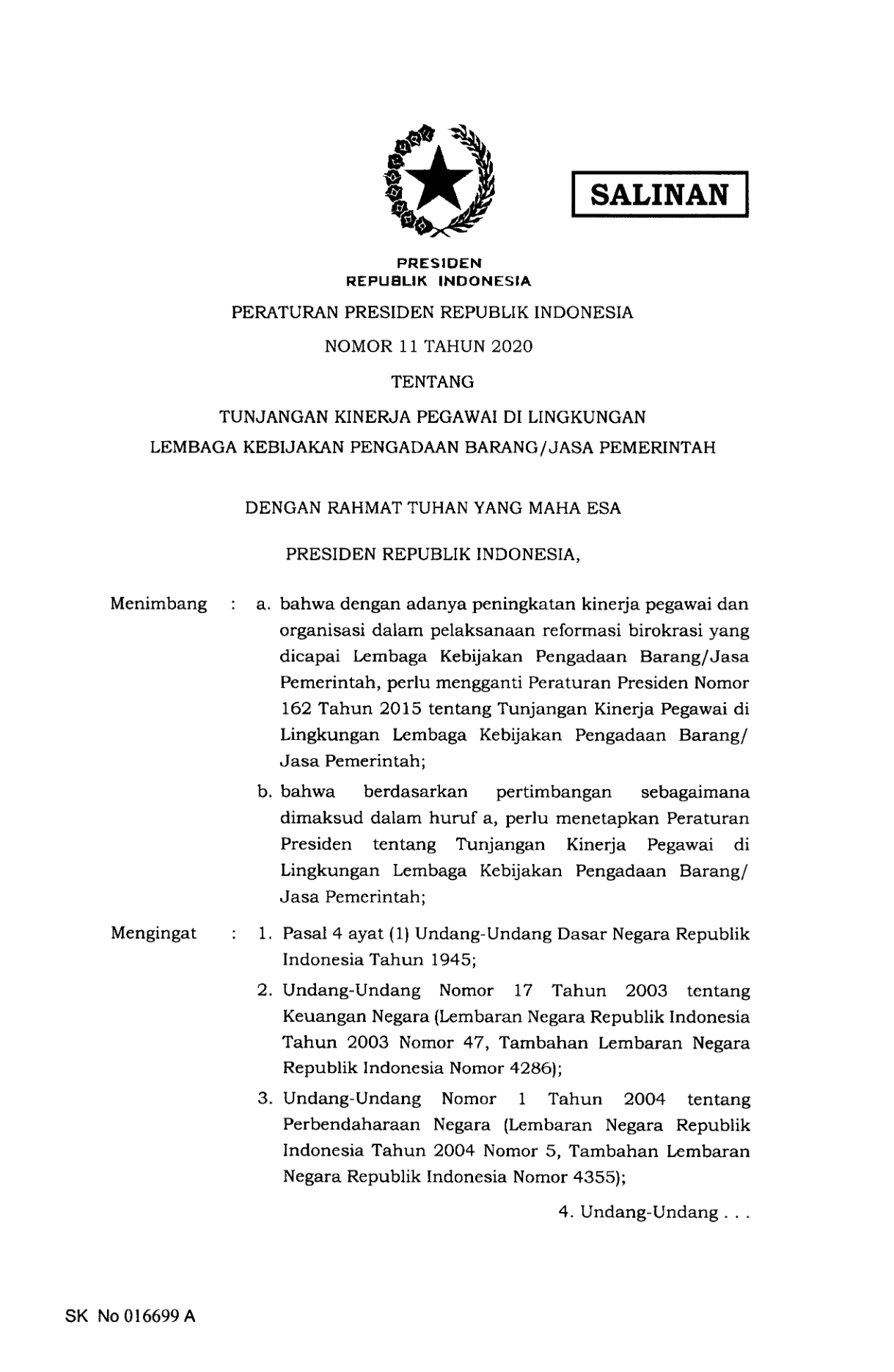 Peraturan Presiden Nomor 11 Tahun 2020
