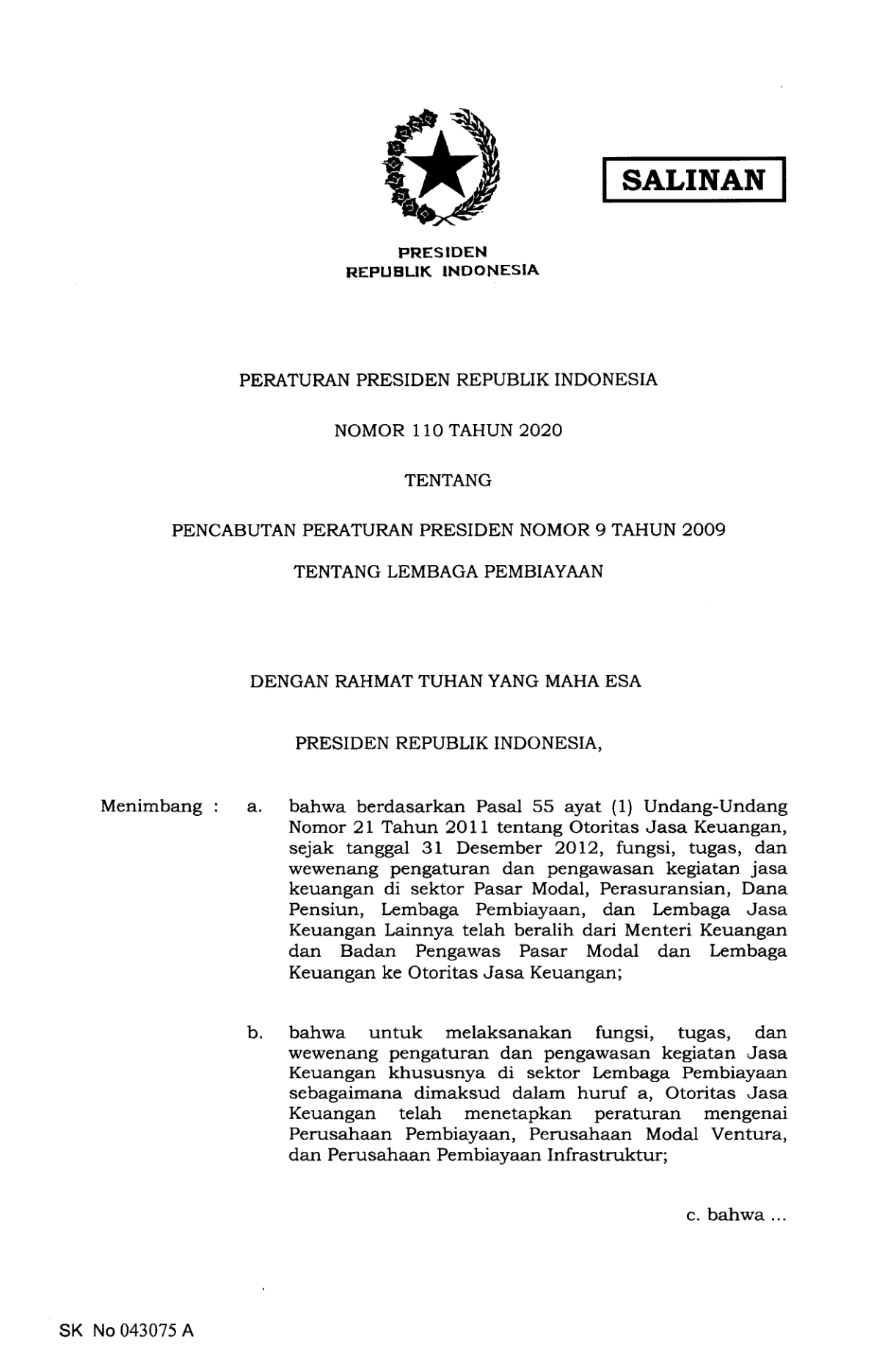 Peraturan Presiden Nomor 110 Tahun 2020