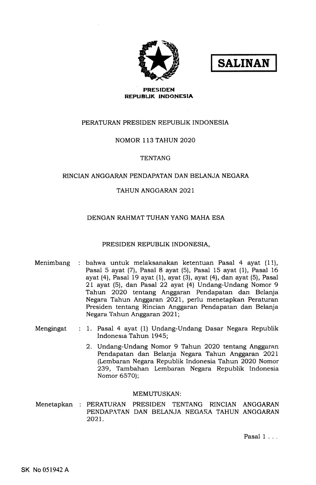 Peraturan Presiden Nomor 113 Tahun 2020