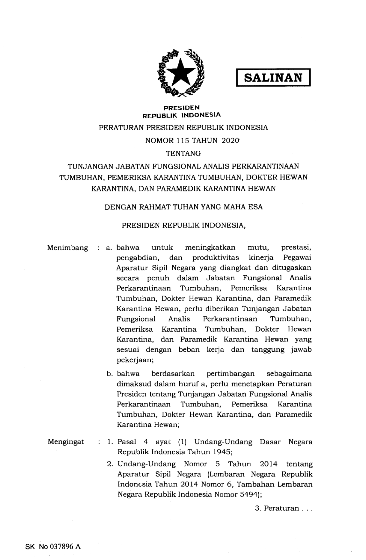 Peraturan Presiden Nomor 115 Tahun 2020