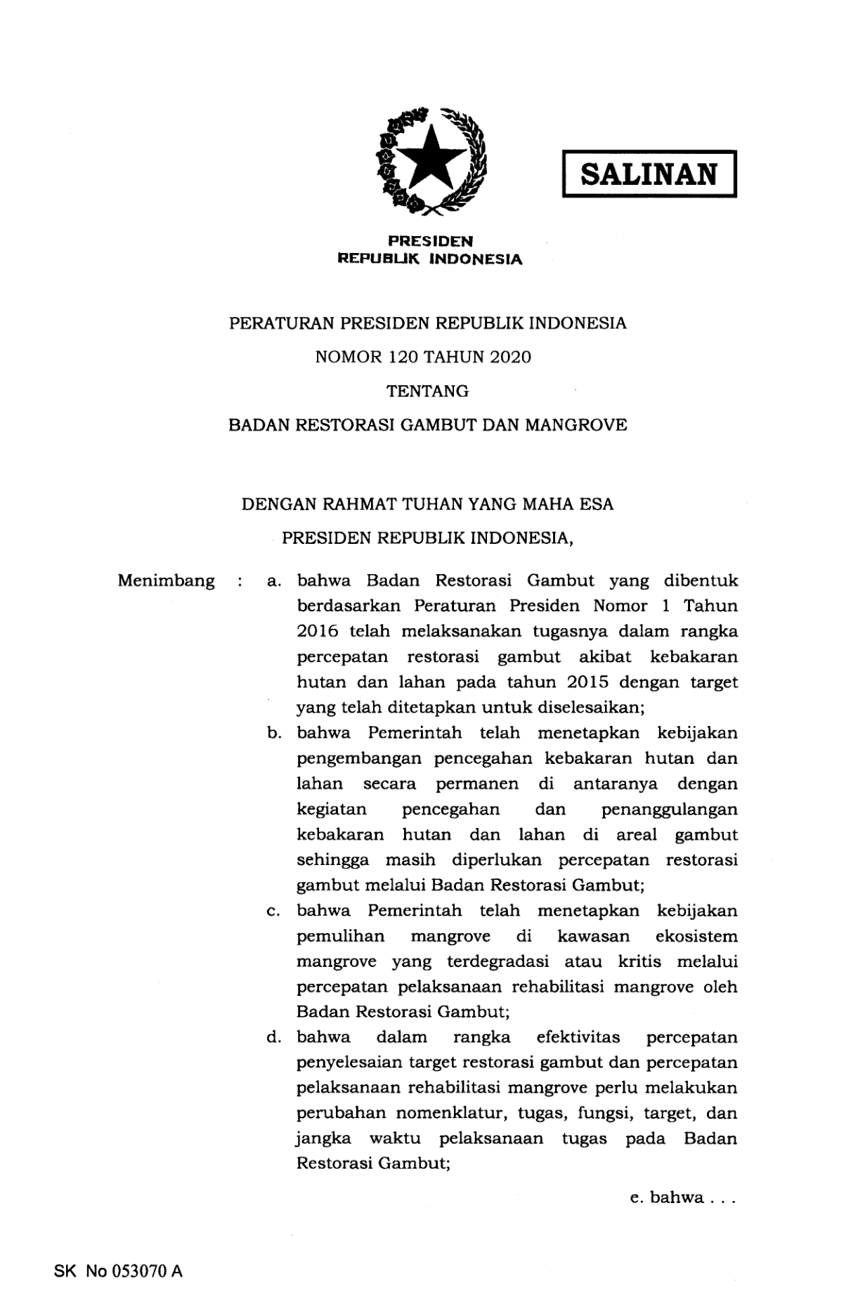 Peraturan Presiden Nomor 120 Tahun 2020