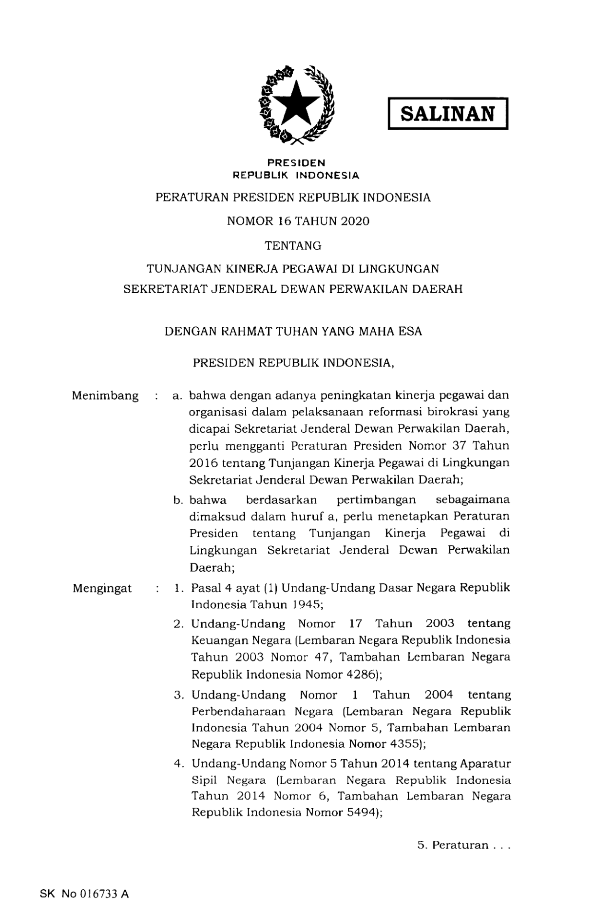 Peraturan Presiden Nomor 16 Tahun 2020