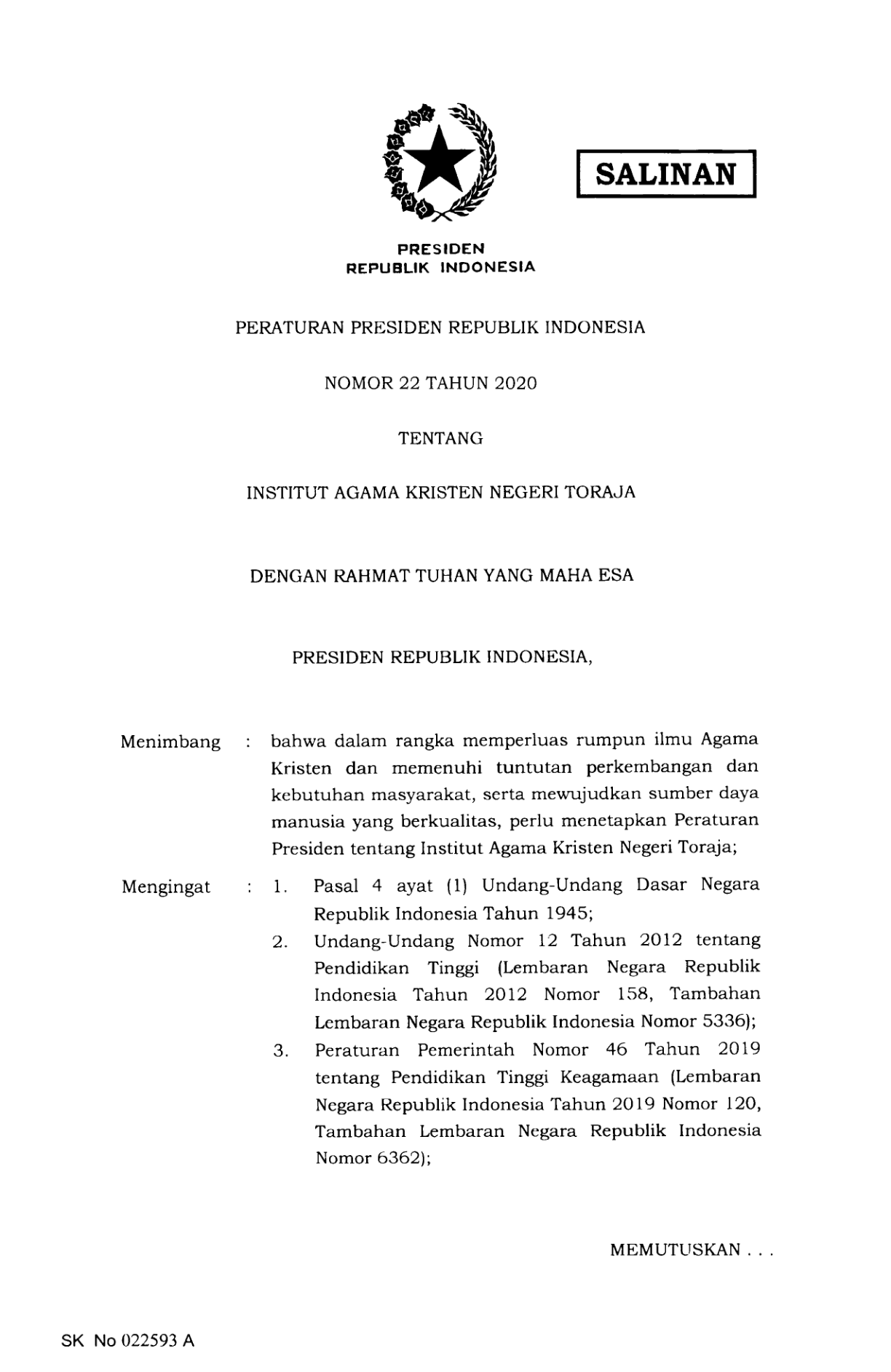 Peraturan Presiden Nomor 22 Tahun 2020