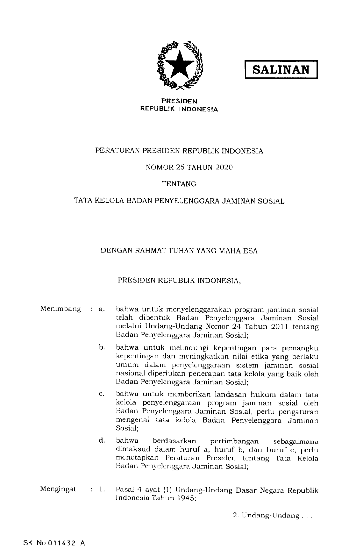 Peraturan Presiden Nomor 25 Tahun 2020