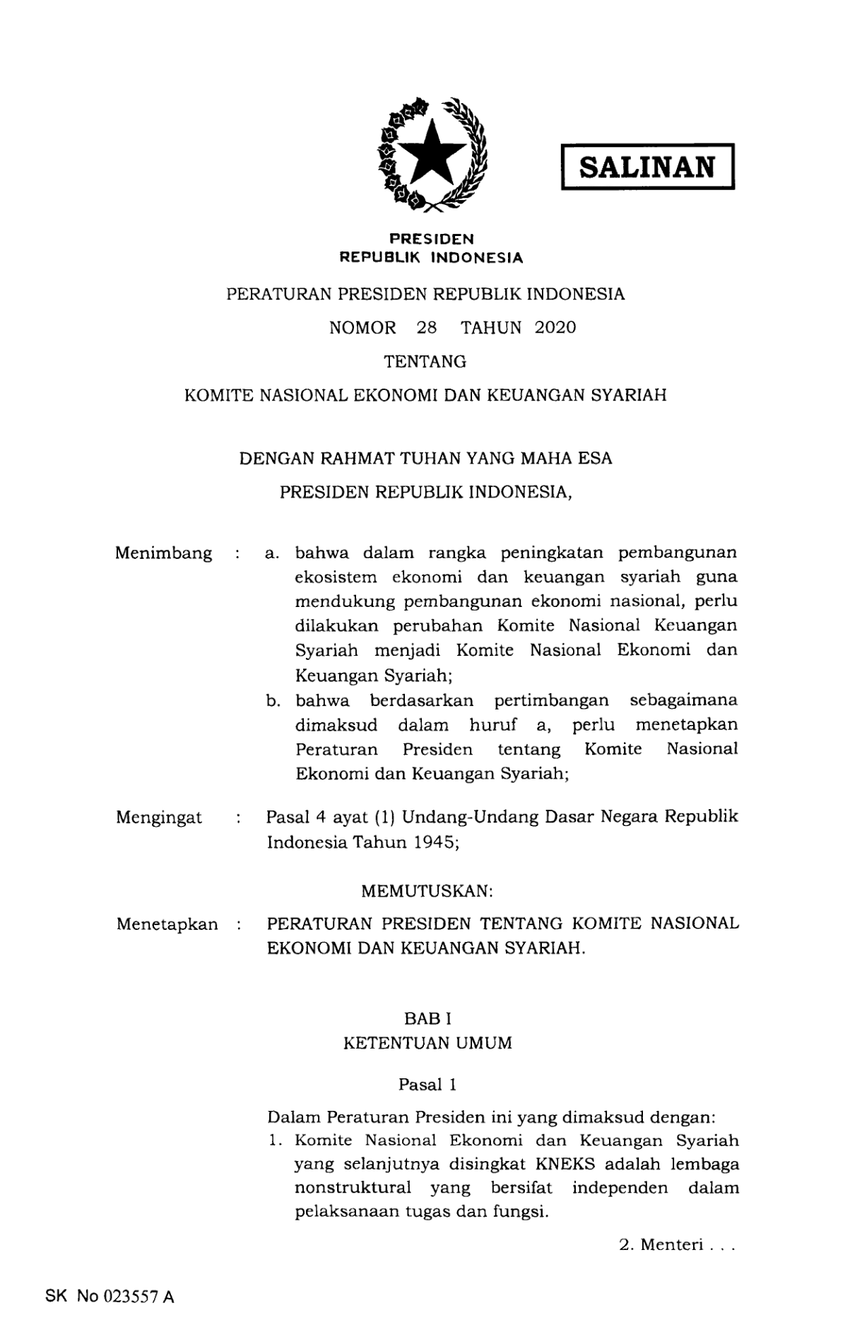 Peraturan Presiden Nomor 28 Tahun 2020