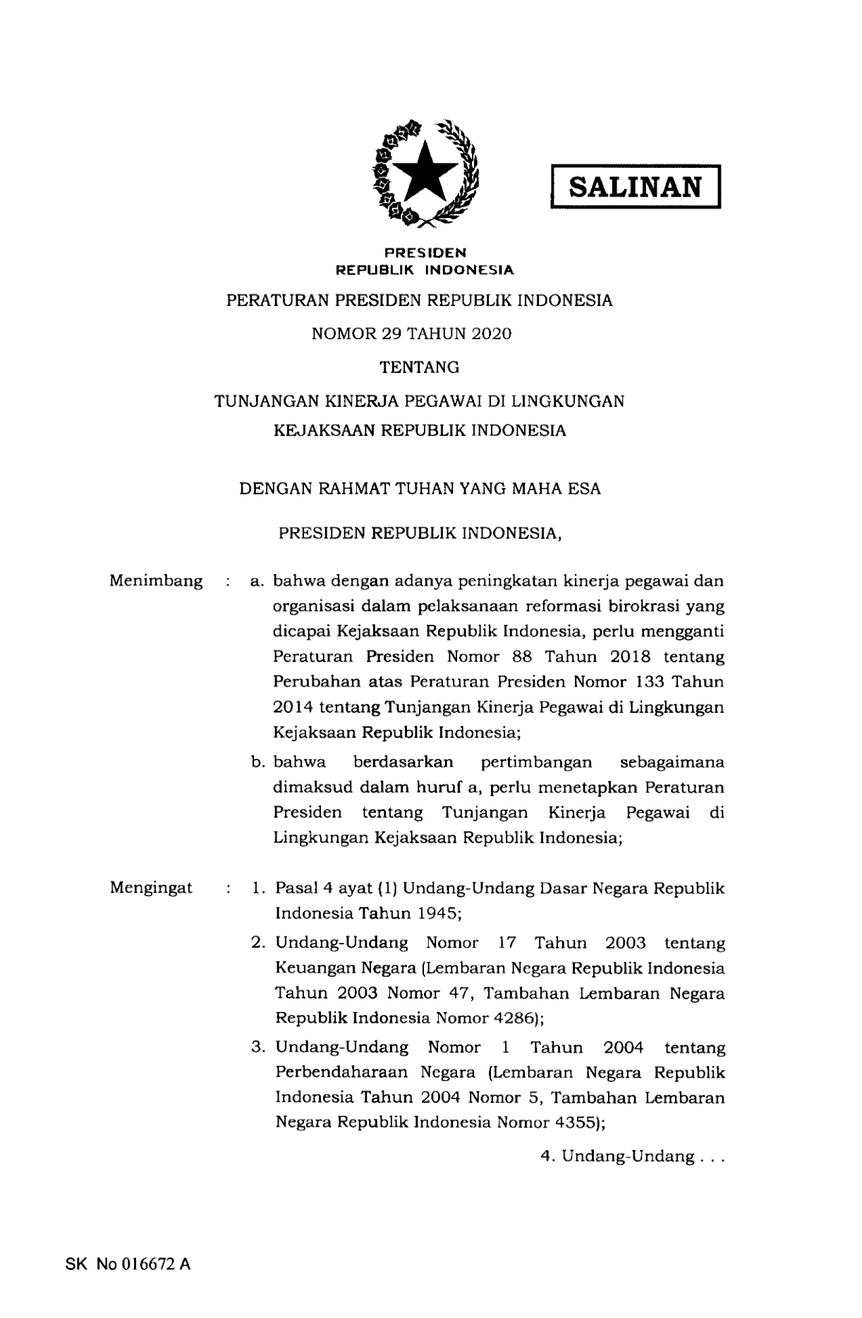 Peraturan Presiden Nomor 29 Tahun 2020