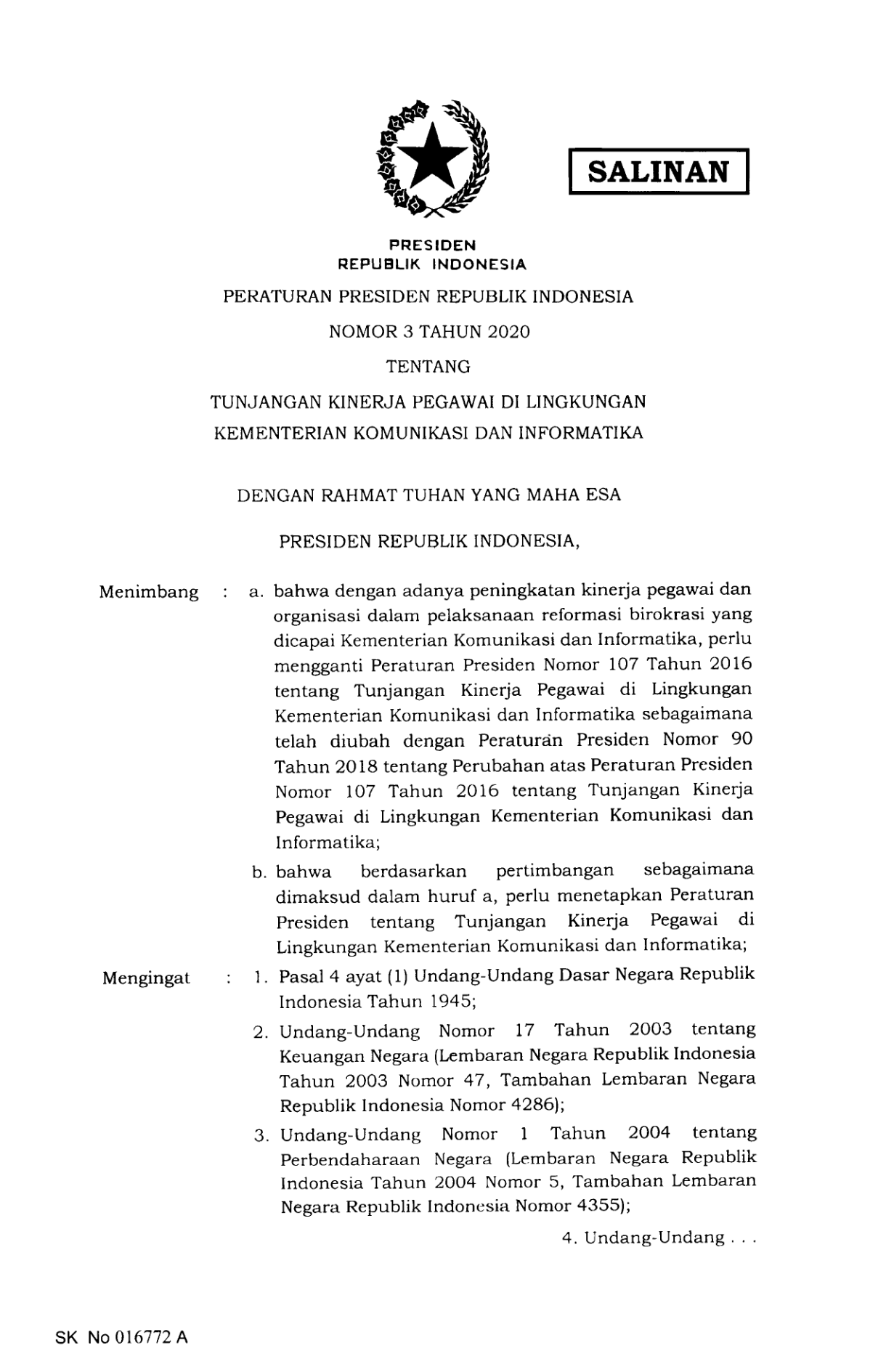 Peraturan Presiden Nomor 3 Tahun 2020