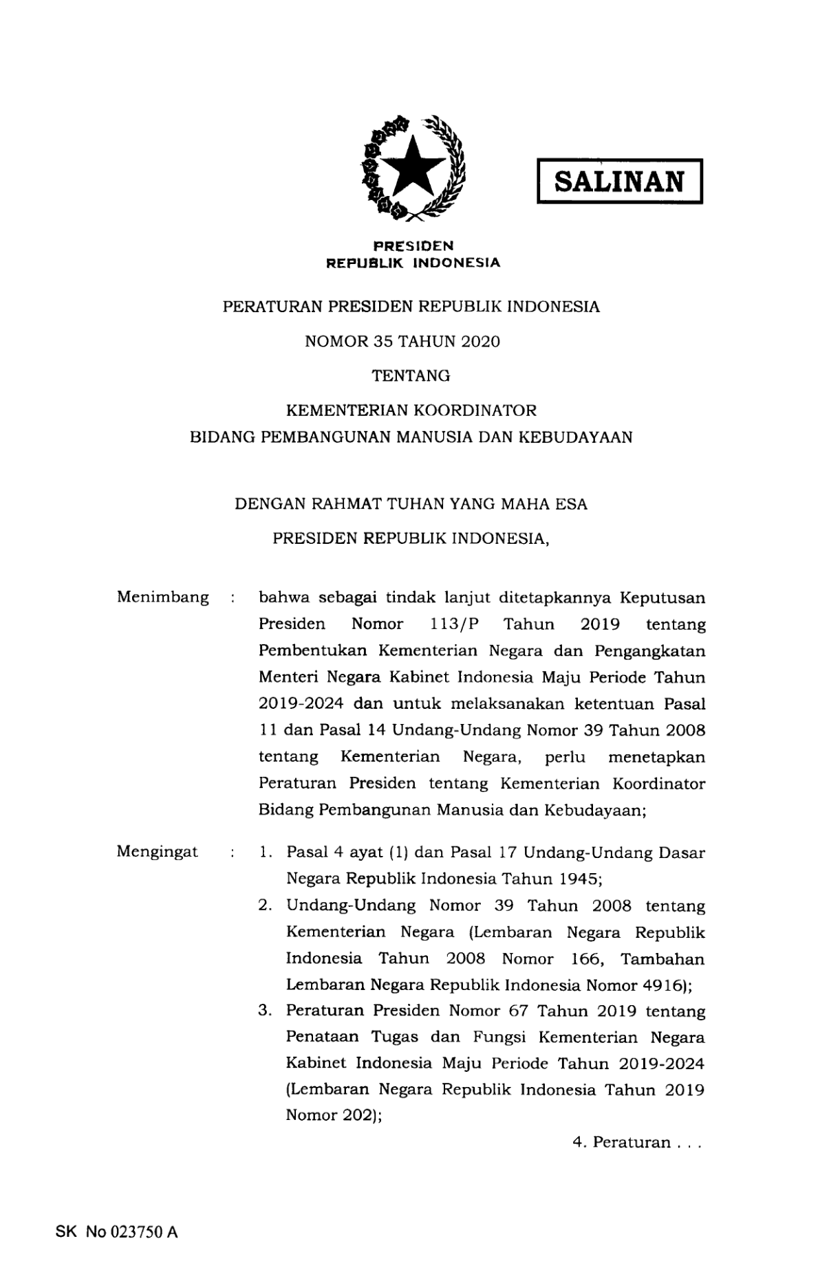 Peraturan Presiden Nomor 35 Tahun 2020