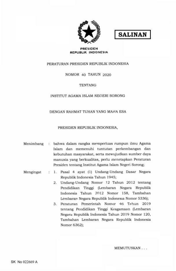 Peraturan Presiden Nomor 40 Tahun 2020