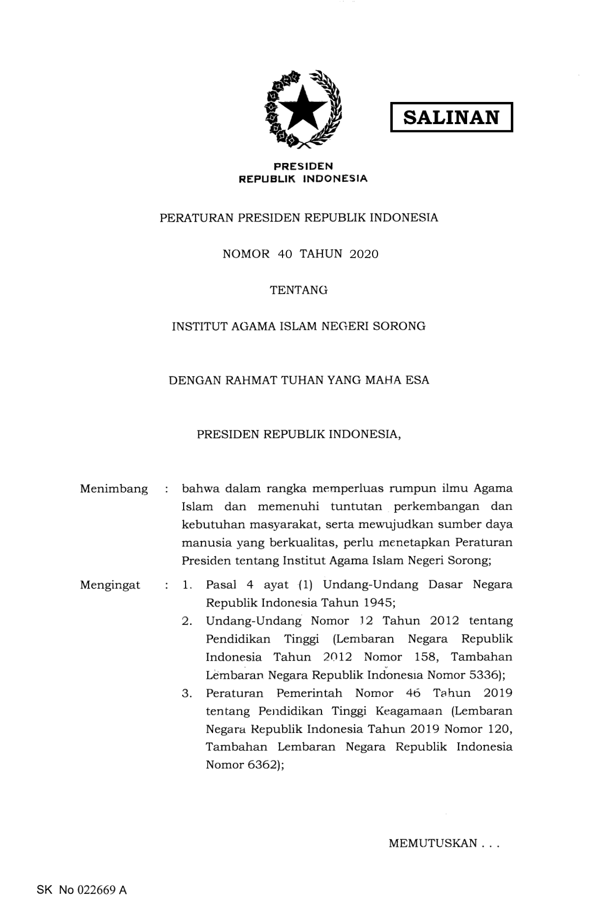 Peraturan Presiden Nomor 40 Tahun 2020