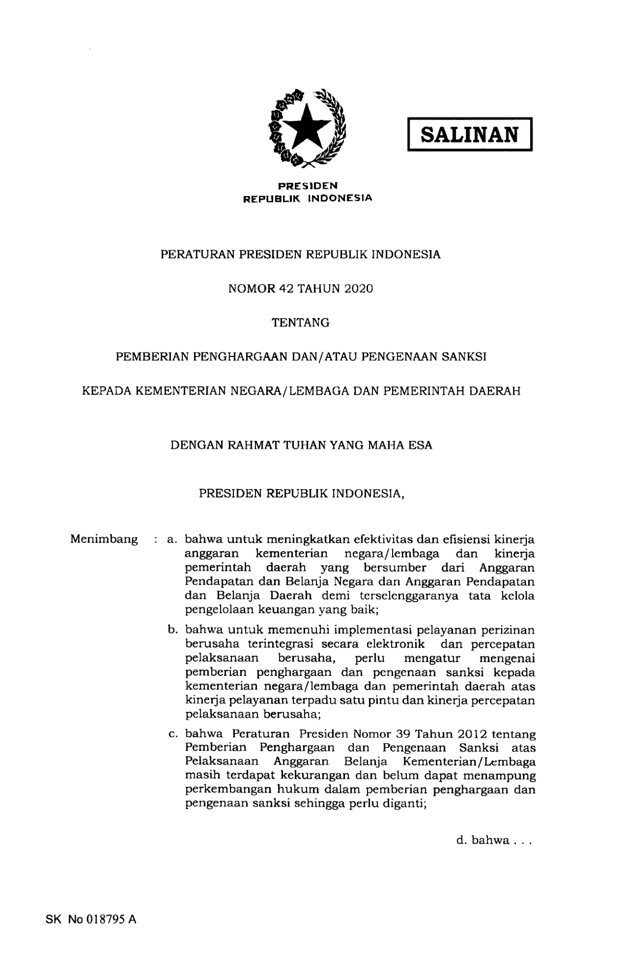 Peraturan Presiden Nomor 42 Tahun 2020