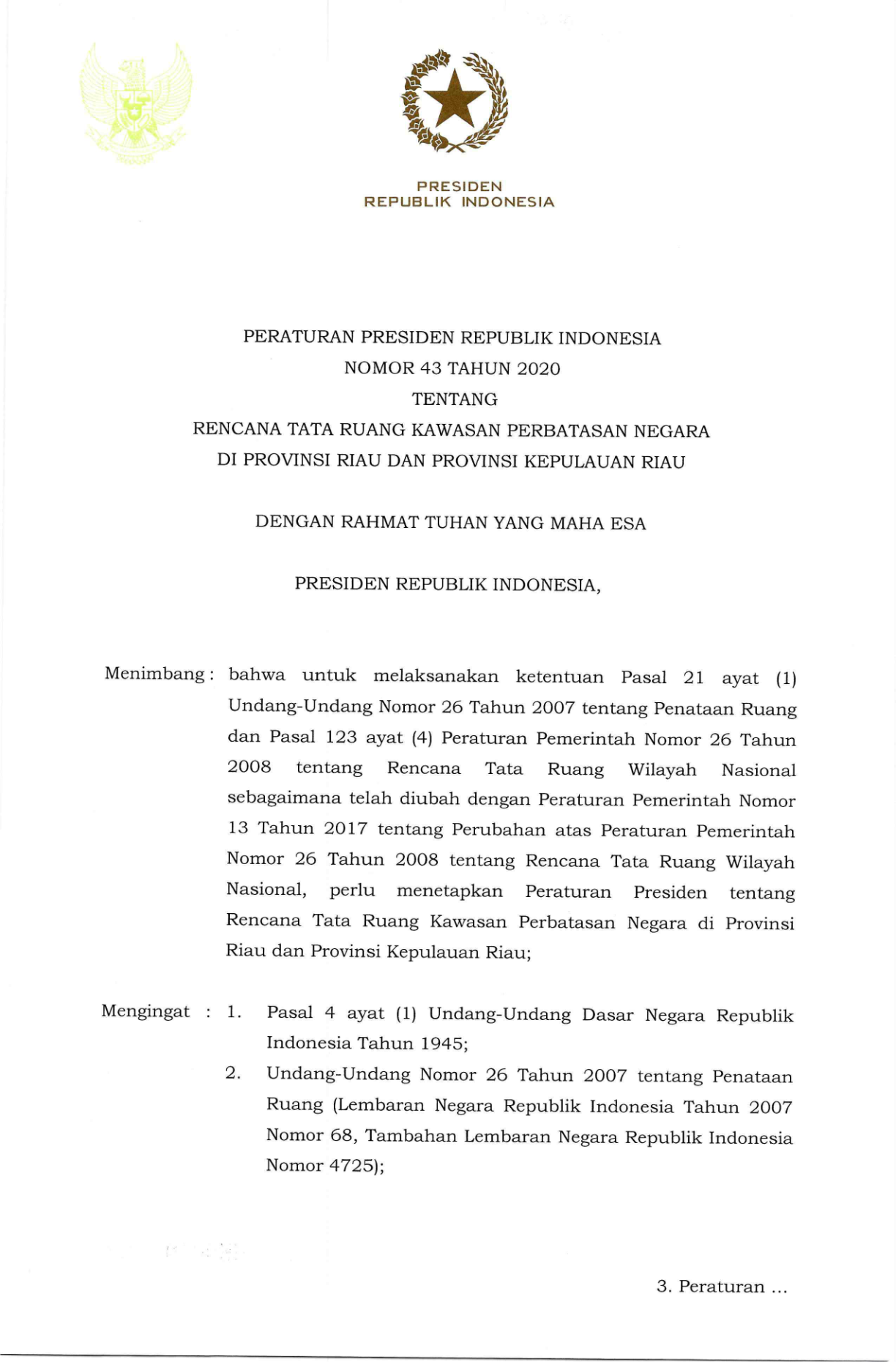 Peraturan Presiden Nomor 43 Tahun 2020