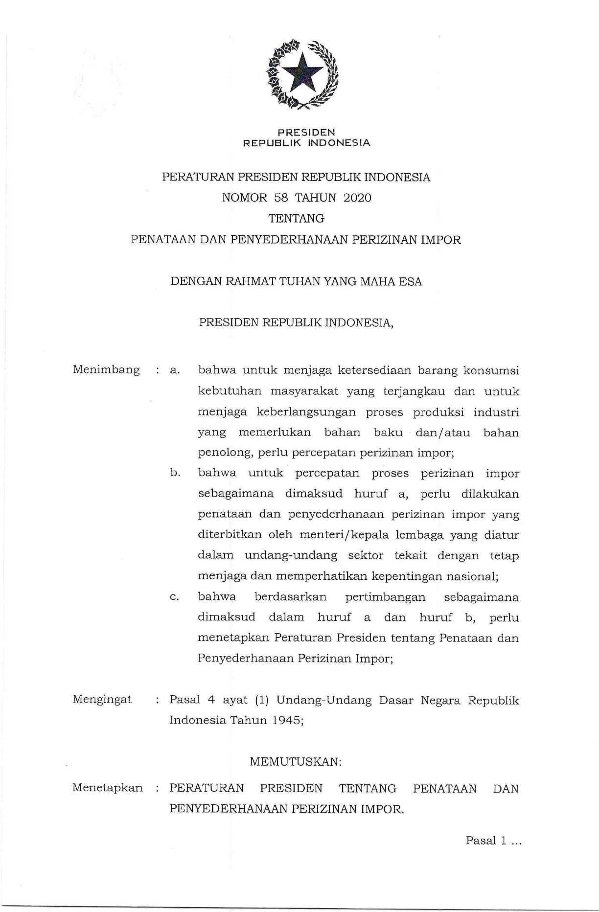 Peraturan Presiden Nomor 58 Tahun 2020