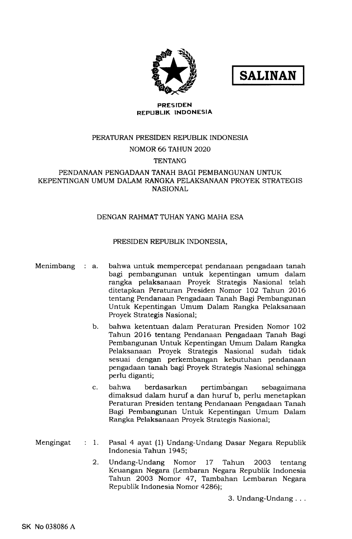 Peraturan Presiden Nomor 66 Tahun 2020