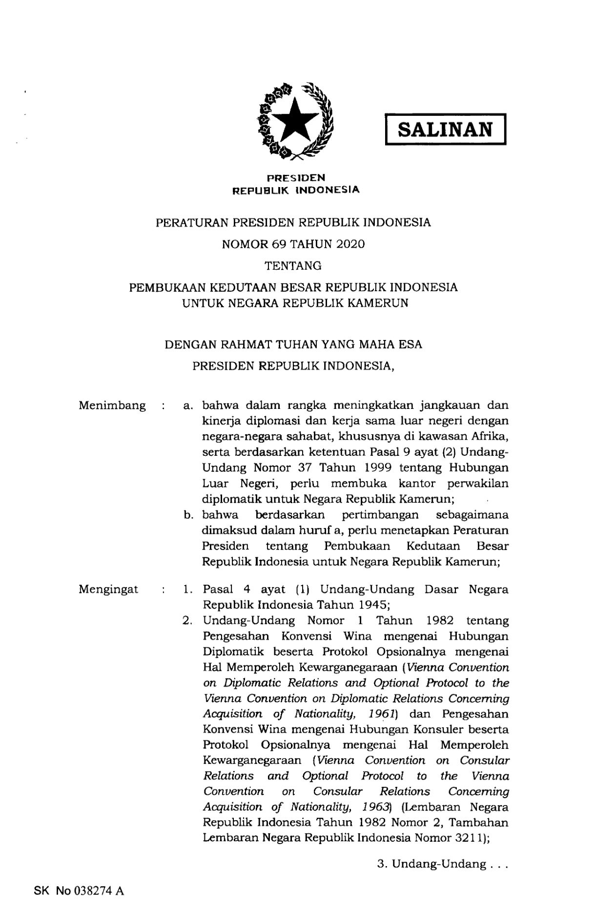 Peraturan Presiden Nomor 69 Tahun 2020