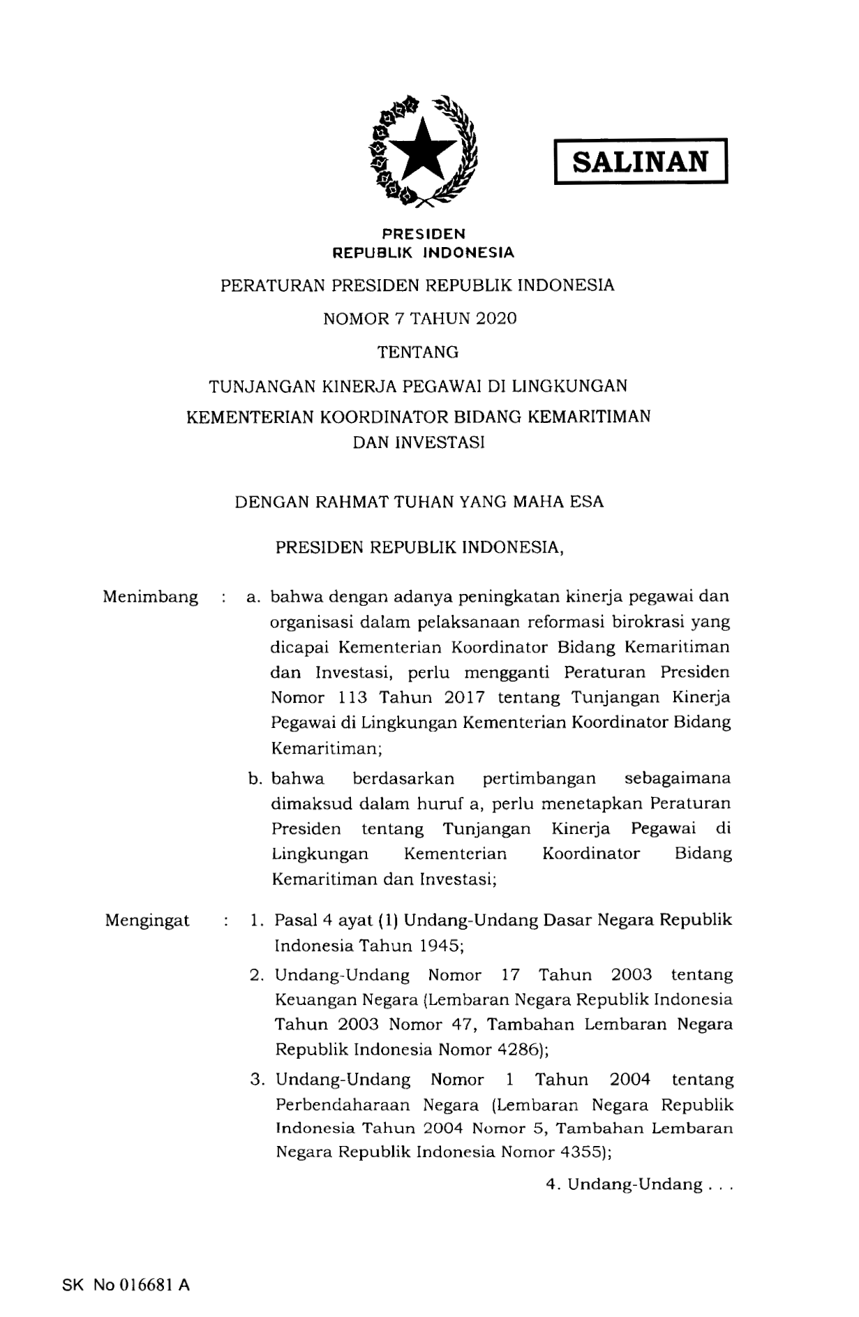 Peraturan Presiden Nomor 7 Tahun 2020